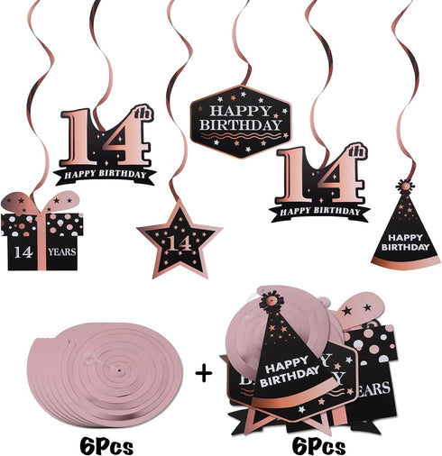 LINGTEER Happy 14th Birthday Decorations, 12 Pcs Black & Rose Gold Foil Swirls Streamer Set for Fourteen Years Old