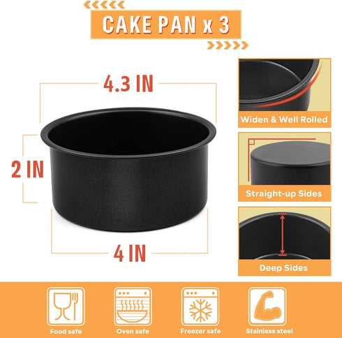 E-far 4 Inch Cake Pan Set of 3, Nonstick Stainless Steel Mini Round Pans for Baking Smash Cakes