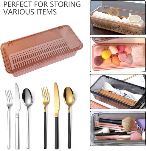 Flatware Tray with Lid, Kitchen Cutlery Storage Container for Silverware and Utensils, Brown