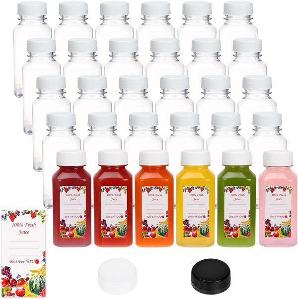 SUPERLELE 30pcs 8oz Plastic Juice Bottles with Black and White Caps, Reusable