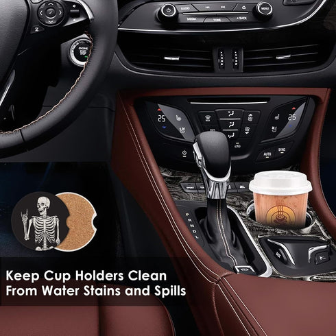 Britimes Absorbent Car Coasters, 2 Pack for Cup Holders, 2.56" Ceramic Stone with Non-Scratch Cork Base, Human Skeleton