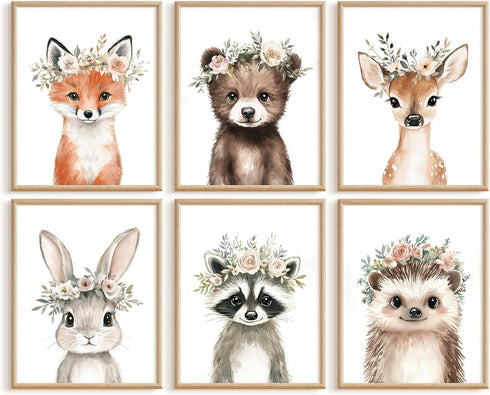 Baccone Woodland Animal Nursery Wall Art Decor Baby Girl Room Pictures Floral Crown