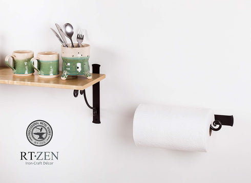 RTZEN Horizontal Black Paper Towel Holder - Handcrafted Rustic Metal Decorative Wrought Iron Decor - Farmhouse Wall