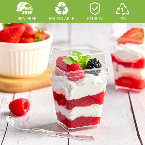 50 Pack 5 oz Qeirudu Dessert Cups with High Lids and Spoons, Mini Plastic Yogurt Parfait Cups Square Party Serving Cup