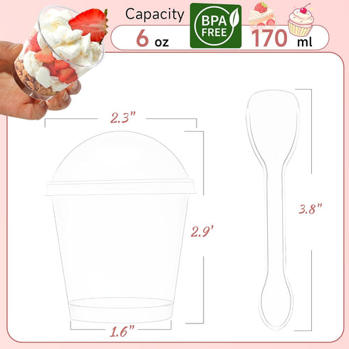 300 Pack 6 oz 100 OTOB Dessert Cups with Lids and Spoons | Serves | Round Small Yogurt Parfait Cups for Appetizers