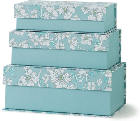 Blue Botanical Decorative Storage Boxes with Lids, Set of 3 White Floral Memory Keepsake Boxes for Organizing