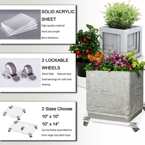 EMCOMS 1PC 10x10 inch 2 150 Lbs Transparent Clear Color Plant Caddy Acrylic Heavy Duty Square Plant Stand with Roller
