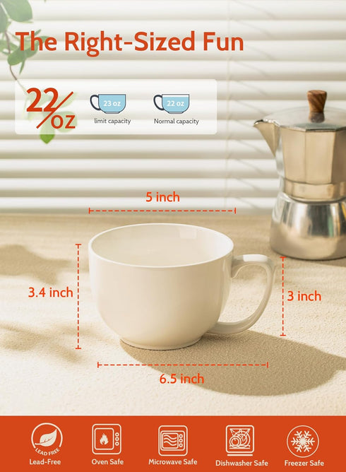 22oz Set 4, Sweese Porcelain Large Coffee Mugs of Large Soup Mug with Handles Perfect for Coffee, Tea, Hot Chocolate