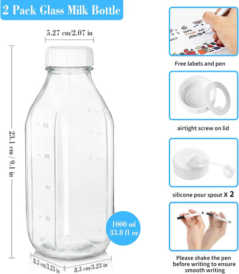 2 Pack 2 100% 32 Oz 3 Glass Milk Bottle with Dispenser Caps, Airtight Heavy Duty Screw Lid. Reusable Glass Water Jug