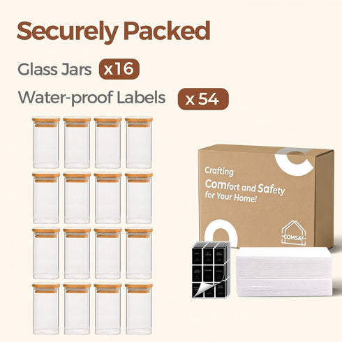 8 oz 16Pack, Set, ComSaf Spice Jars with Labels Small Spice Containers Starter Glass Seasoning Jars with Lids, Square