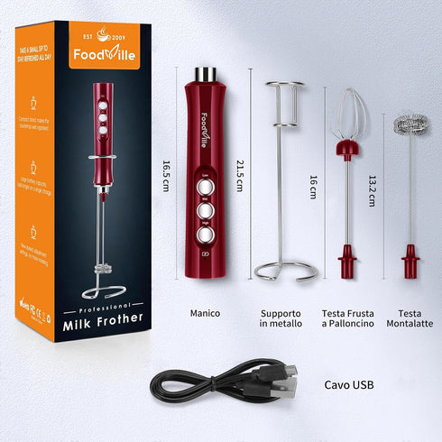 MF02 Rechargeable Milk Frother Handheld Foam Maker with Stainless Whisk for Cappuccino, Viva Red
