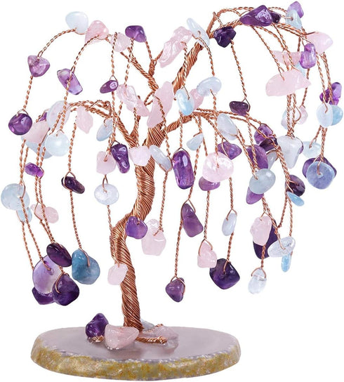SUNYIK Handmade Crystal Money Tree Set - Amethyst/Rose Quartz/Aquamarine on Natural Agate Slice Base for Wealth and Luck