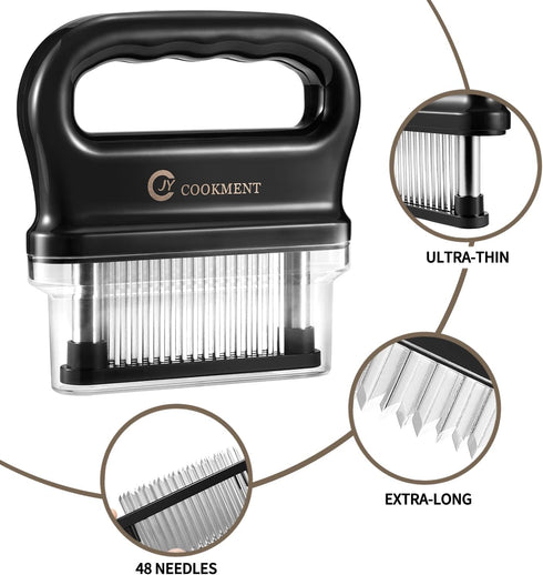 JY COOKMENT Meat Tenderizer with 48 Stainless Steel Ultra Sharp Needle Blades, Kitchen Tool for BBQ, Marinade