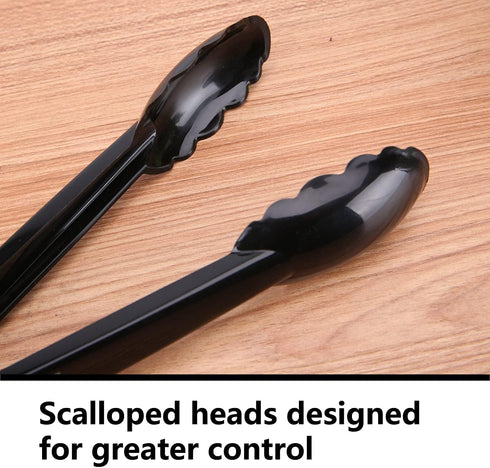 24 Pieces Black Plastic Salad Tongs, 9 Inch Heavy Duty Scalloped Kitchen Serving Utensils Set for BBQ and Buffets
