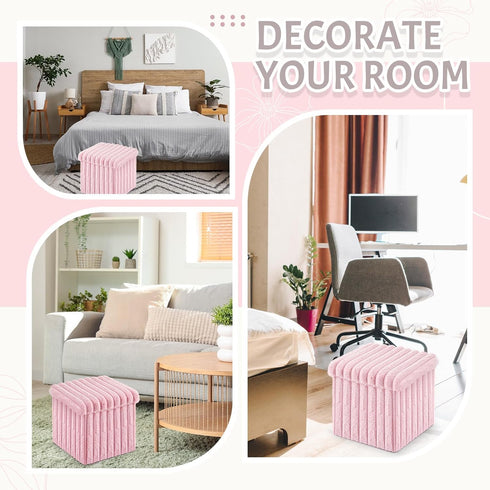 15x15x13 Inch, 265lbs Wenqik Pink Storage Ottoman Cube, Fluffy and Furry Square Foot Rest Stool, Foldable Storage