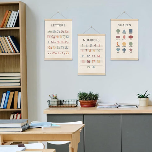 Set 3 16x12 Inch, of Alphabet Numbers Poster Hanger Frame, Preschool Learning Posters, Educational Canvas Wall Art