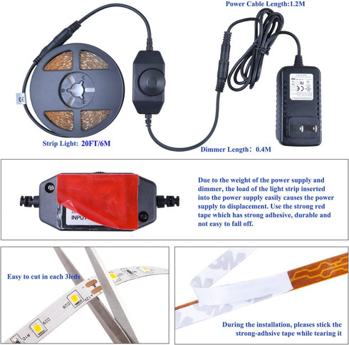 20FT White LED Strip Lights - Dimmable 6000K 360LEDs, Under Cabinet Tape with UL Power Supply