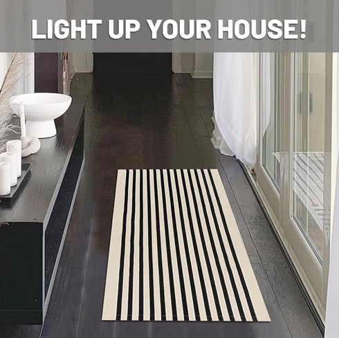 IOHOUZE Black Beige Striped Rug - 2'x3', Small Washable Area Rug for Front Porch, Indoor/Outdoor, Doormat for Entryway