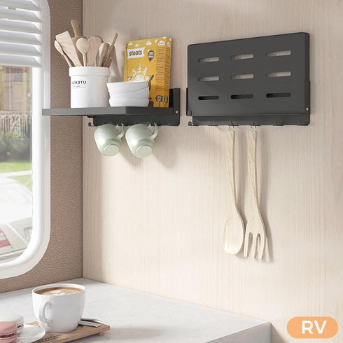 6 Black11.8", 1 Pack Small Folding Metal Shelf with Hooks, Fold-up Wall Shelf, Hooks, Drop Down Floating Shelf