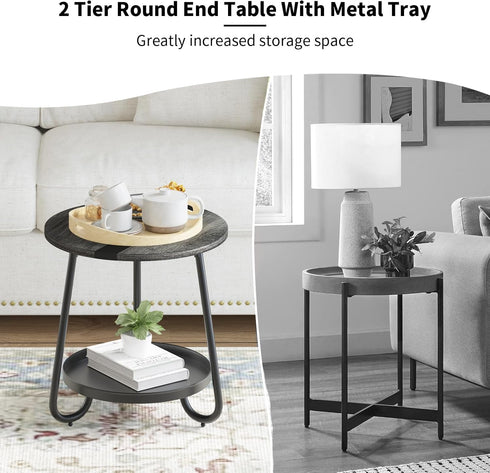 2 Tier Coffee Table in Living Room, Industrial Style Round Coffee Table with Metal Tray, Wood Small Outdoor Coffee
