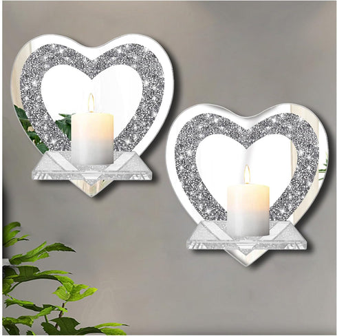 Set 2 ZOLAPI of Crystal Crush Diamond Candle Sconces, Gorgeous Silver Mirrored Wall Sconce, Candle Holder Glass Wall