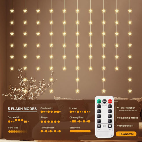 Patioman 70 Star Curtain Lights, Warm White Window Lights Stars Hanging Light with Remote Fairy Led Twinkle String