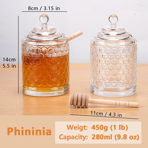 Honey Jar with Dipper and Lid, Thick Glass Honey Pot with Lid and Wooden Dipper, Wide Mouth Food Containers, Honey