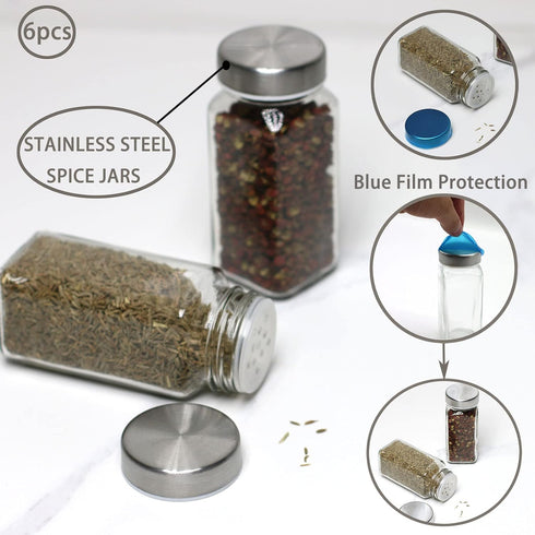 6pcs 4 oz Tianifa Spice Jars, Glass Seasoning Bottles, Spices Container, Empty Spice Jars, Square Spice Bottles