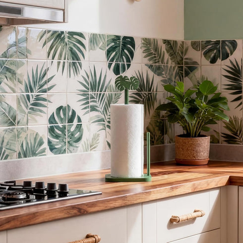 Leinuosen Monstera Leaves Paper Towel Holder Tropical Monstera Wooden Paper Towel Holder Green Ocean Tropical Bathroom