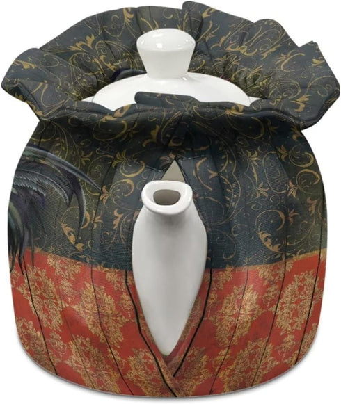 Rooster Chicken Print Tea Cozies for Teapot, Floral Wood Design Portable Kettle Cover Tea Kettle Quilt Tea Cosy Cotton Kettle Tea Pot Cover Dust Proof Insulated Keep Warm