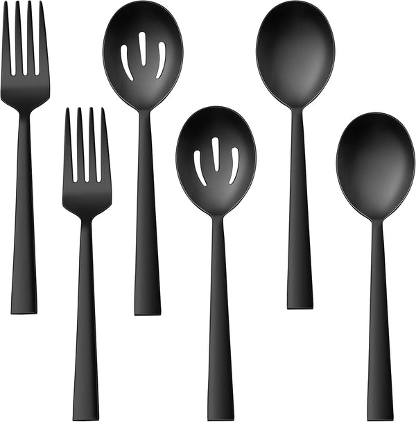 E-far 6-Piece Matte Black Serving Utensils Set, 8.7 Inch Stainless Steel Hostess Spoons and Forks