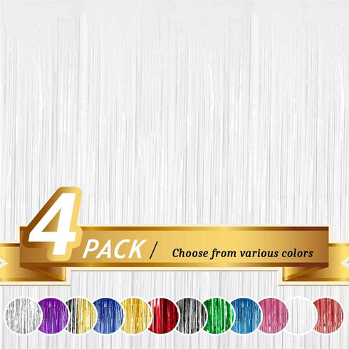 BTSD-home 4 Pack 3x 8ft White Foil Fringe Curtain Backdrop, Party Streamers Decorations for Metallic Photo Booth,