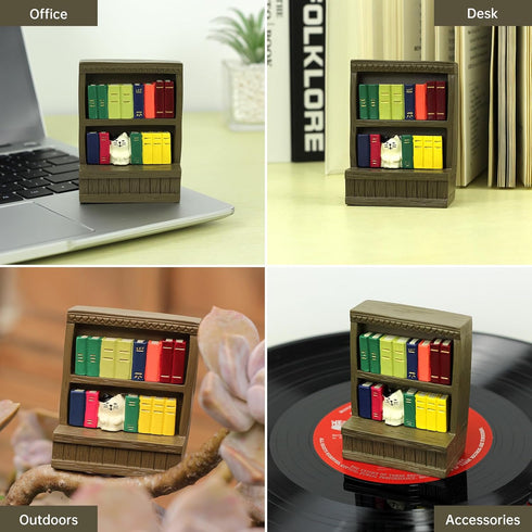 RAQWI Cute Mini Cat Bookshelf Statue, Tiny Bookcase Ornament for Living Room, Bedroom, Office Shelf Decor, Adorable