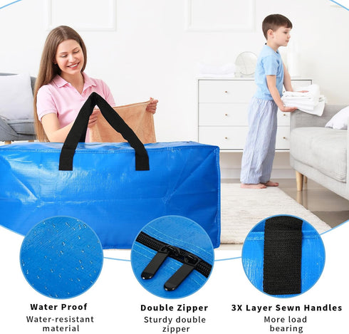 2 Pack Heavy Duty Extra Large Moving Bags Storage Tote - Strong Handles& Backpack Straps - Space Saving Storage Bags Alternative to Moving Boxes and Bins,Compatible with Ikea Frakta Cart, Blue by Acnusik