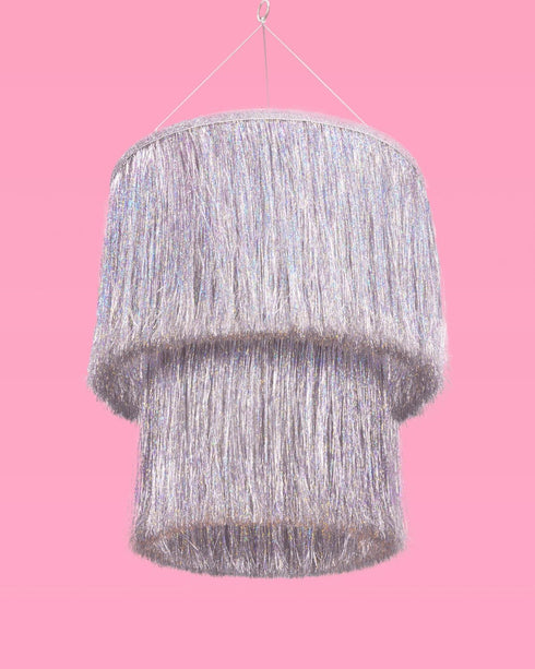 16" xo, Fetti Fringe Tinsel Chandelier - Iridescent Silver Foil, | Bachelorette Party Decorations, Birthday Photo Booth