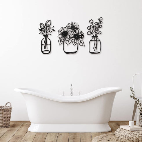 3 Pieces Metal Flower Wall Decor, Minimalist Black Tulip Wire Iron Art for Kitchen Bathroom Living Room