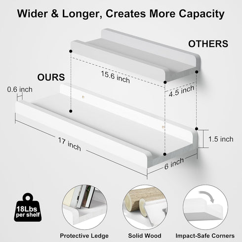 Set 2, 17 Inch Love-KANKEI Floating Shelves Wall Mounted of Rustic Wood Wall Shelves for Storage, Bedroom Living Room