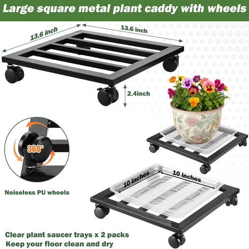 DEELF OUTLET 1 Packs 13.6 inches Large Metal Plant Caddy with PU Wheels Square Planter Dolly Pot Mover Rollers Wrought