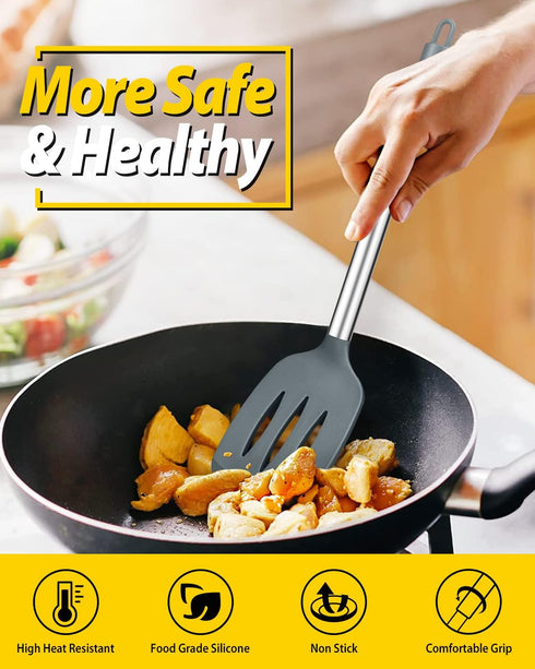 Pack of 4 Silicone Cooking Utensils Set, Non Stick Gray Spatulas, Heat Resistant Kitchen Turners for Frying
