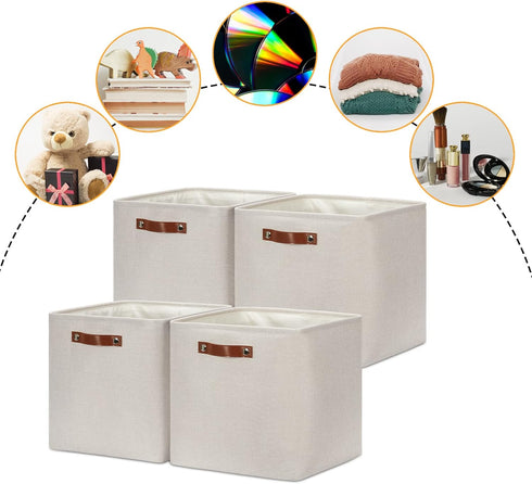 DULLEMELO Storage Bins, 4 Pack of 13x13x13 Decorative Cube Bins with Leather Handle (Beige)