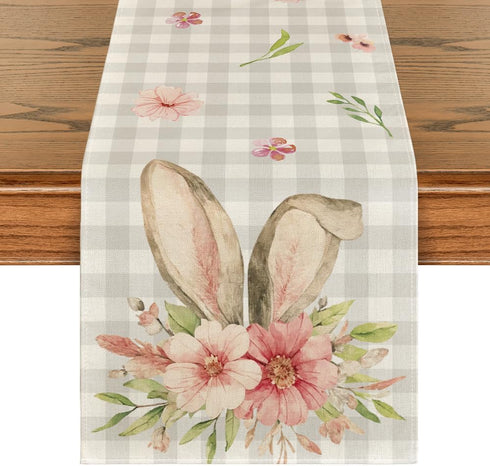Artoid Mode Buffalo Plaid Bunny Rabbit Ears Flower Easter Table Runner - 13 x 108 Inch Kitchen Dining Decoration.