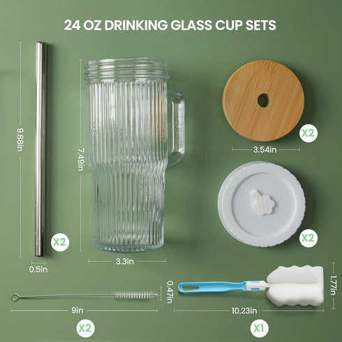 24oz Handle,4Pack Ribbed Glass Tumbler With Glass Cup with Lids and Straws,Reusable Glass Iced Coffee Cups