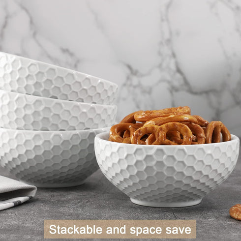 White Porcelain Small Bowls - 4.3 inch Honeycomb Grids for Ice Cream, Yogurt, Dessert, Fruits, 8 Ounce Bowl Set