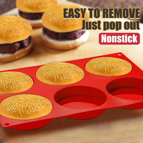 Hamburger Bun Molds 2 Pack, Silicone Baking Pans, 4 Inch Muffin Top Pan for Mini Cakes