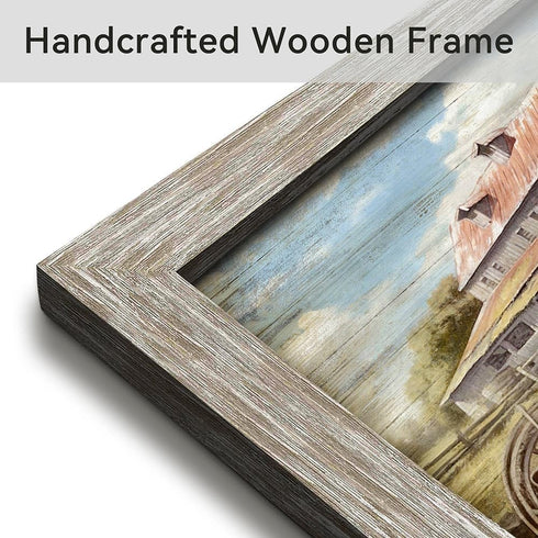Rustic Barn Framed Wall Art: Vintage Rural Scene Artwork, Farm Cow Print, Wooden Painting for Living Room Bedroom