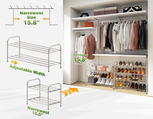 2-Tier 100% Steel,4-Rod Closet (15" 27", Expandable Shoe Rack - Stainless Extendable & Adjustable Feet | Simple