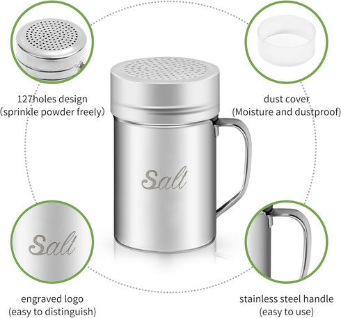 Large Stainless Steel Salt and Pepper Shakers Set, 14 OZ Spice Shaker with Lid and Handle, 127 Holes, 2 Pieces