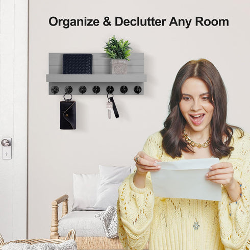 Key Holder Wall Mount - Entryway Key and Mail Holder with 7 Sturdy Hooks - Decorative Wall Shelf with Mounting Hardware