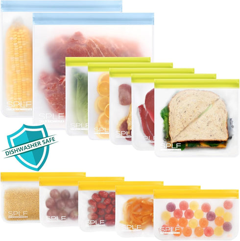 SPLF 12 Pack Silicone Reusable Bags, Dishwasher Safe, Leakproof Freezer Bags, BPA Free for Lunch and Food Travel