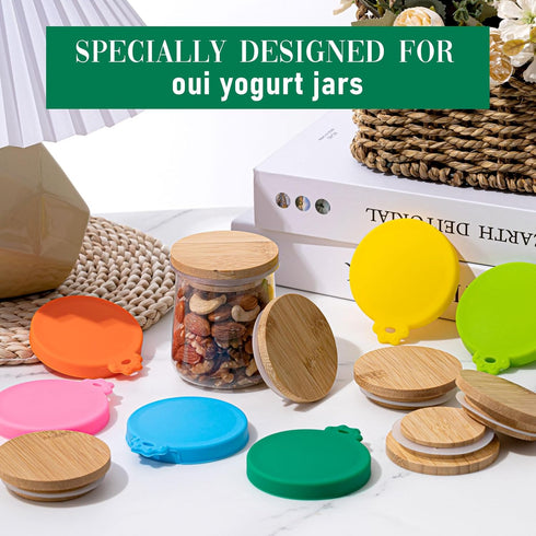 12 Set, 6 6 Mumufy Pcs Yogurt Jar Lids Colorful Covers Silicone Jar Lids and Bamboo Wood Yogurt Container Lids